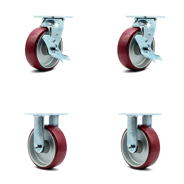 6 Inch Poly on Aluminum Caster Set with Roller Bearings 2 Brakes 2 Rigid SCC